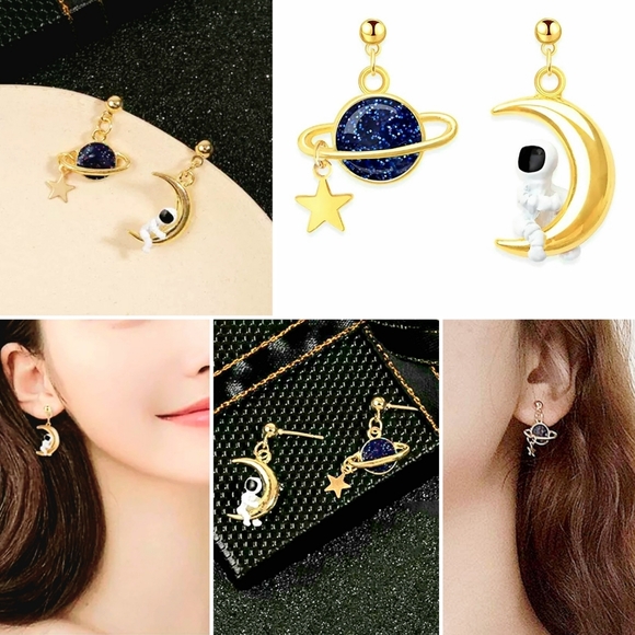 Gold plated Pearl Spaceman planet star earrings w/ silver post choose your style - Picture 3 of 16